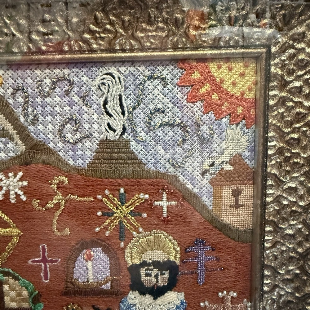 VTG Crewel Religious Needlepoint Priest‎ Saint Cats Dogs Wall Art 17"x16" Church - Picture 6 of 13